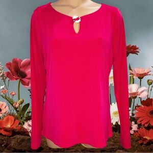 Calvin Klein Womens Top Cherry Red Silver Ring Boatneck Long Sleeves Sz Medium